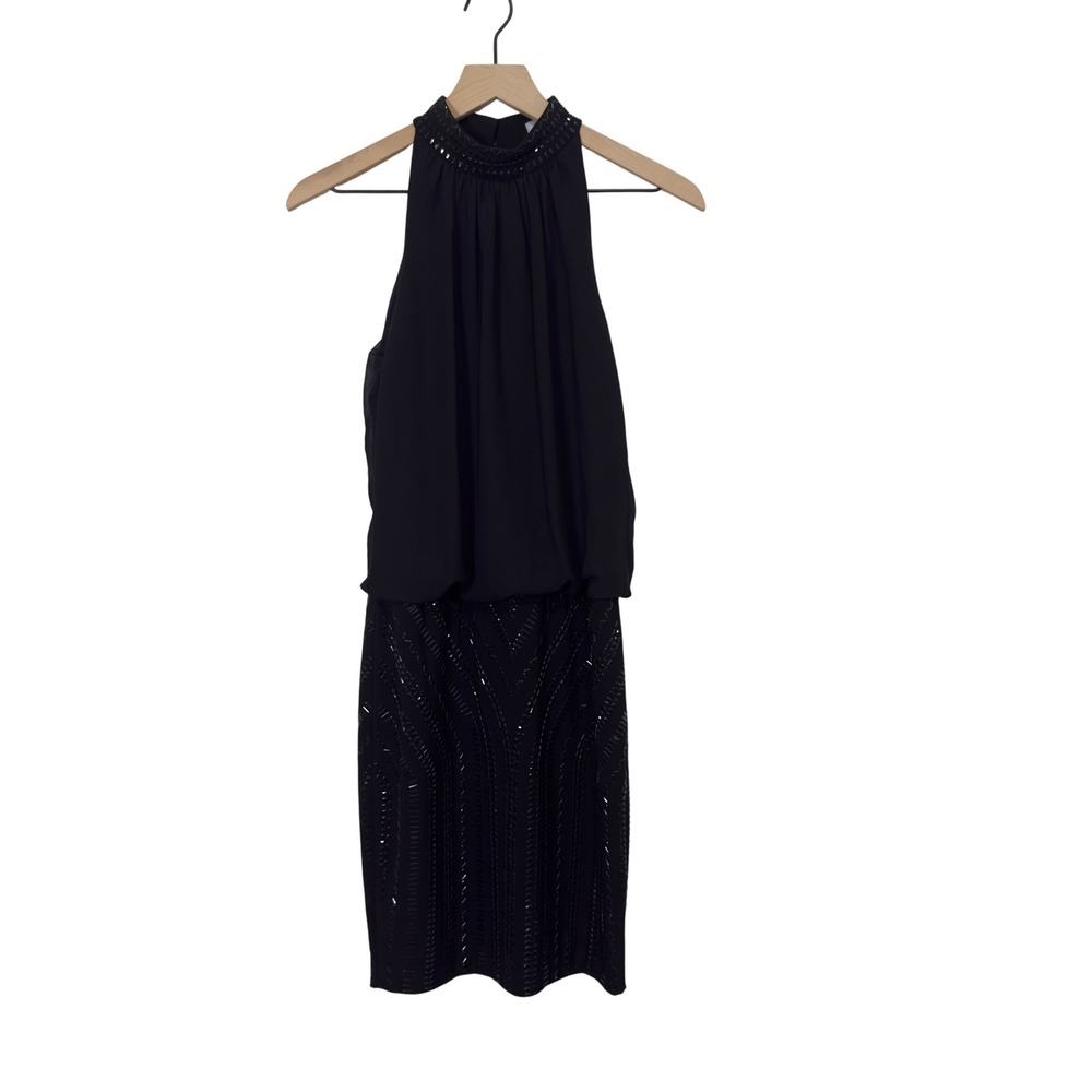 Vintage Cache Black‎ Beaded Halter Blouson Cocktail Dress Size 0 Geometric Mini
